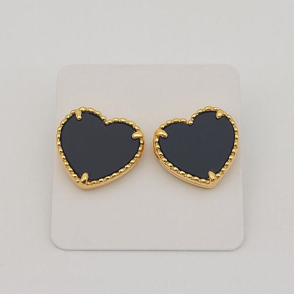 Elegant Black Heart Stud Earrings – 18K Gold Plated - Picture 2 of 4